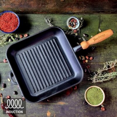 Classic Cast Iron Grill Pan with Wooden Handle