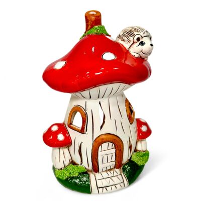Hand-Painted Clay Mushroom Candle House with Little Hedgehog