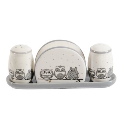 Owls Ceramic Salt and Pepper Shaker Set with Napkin Holder and Tray