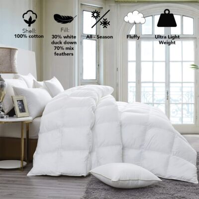 Organic club. All-season, Lightweight Down Comforter Filled With 30% Down. Soft and Durable 100% Cotton.