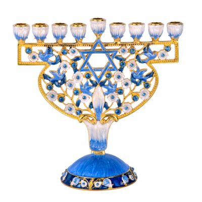 Handcrafted Jeweled Doves and David Star Hanukkah Menorah in Gift Box