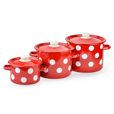 Red White Polka-Dot Cylindrical Enamel Pot with Enamel Lid Set of 6 pcs