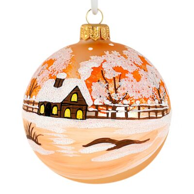 Christmas Village on Gold — Hand-Painted Glass Ornament