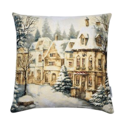 Snowy Winter City Beige Tapestry Pillow