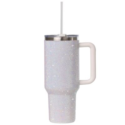 Silver Stainless Steel Rhinestone Insulated Tumbler with Handle, Lid, Straw