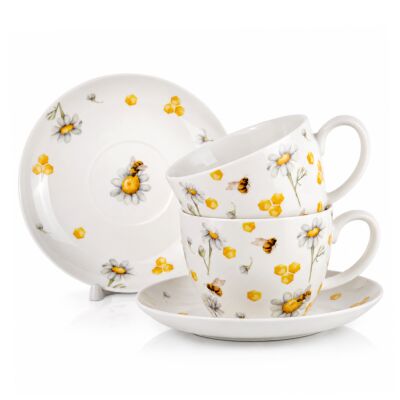 Tea and Honey Porcelain Mug with Saucer Set for 2