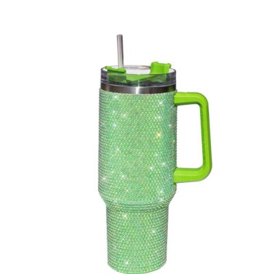 Light Green Stainless Steel Rhinestone Insulated Tumbler with Handle, Lid, Straw