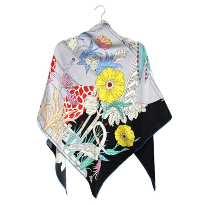 Floral Symphony Cashmere and Silk Triangle Scarf in Black and Yellow