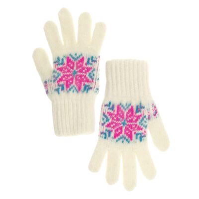 Pink and White Star Ornament Wool Kids&#039; Gloves in Size 14 / 7-9 years