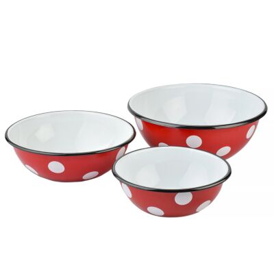 Red White Polka-Dot Enamel Bowl Set of 3