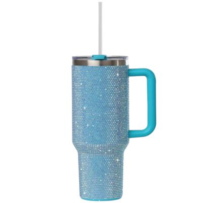 Light Blue Stainless Steel Rhinestone Insulated Tumbler with Handle, Lid, Straw