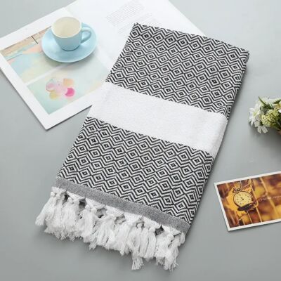 Picnic and Beach Cotton Blanket with Fringe (black, white)