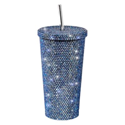Navy Stainless Steel Rhinestone Insulated Tumbler with Lid and Straw