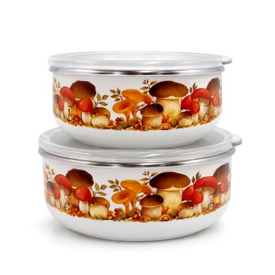  Mushrooms Enamel Aluminum Storage Bowls Stackable Set of 2