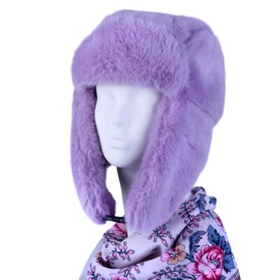Lilac Faux Rabbit Fur Ear Flap Hat with Clasp (Ushanka)