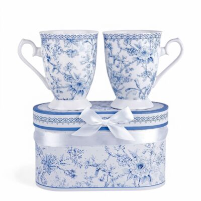 Vintage Blue Flowers New Bone China Mug Set of 2 in Gift Box