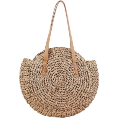 Round Woven Beige Straw Bag with Handles