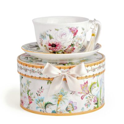Dream Garden New Bone China Cup and Saucer Set in Gift Box
