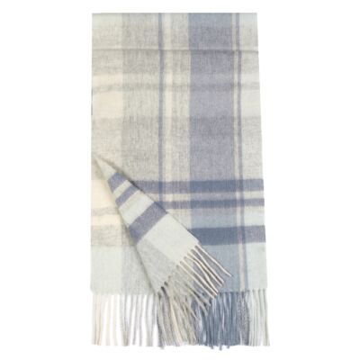 Unisex Plaid 100% Wool Scarf with Fringe (blue, ivory)