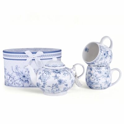 Vintage Blue Flowers New Bone China Tea Set for 2 pers. in Gift Box