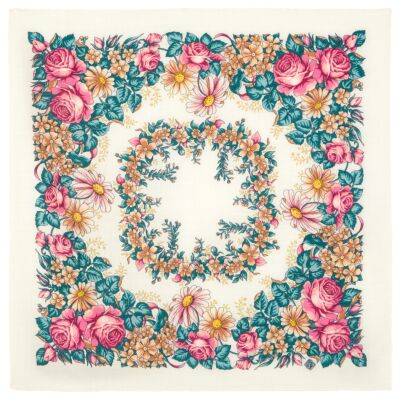 Pink Roses on White Pavlovo Posad Wool Shawl