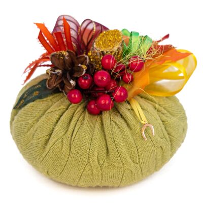 Handmade Rustic Green Pumpkin with Pinecone 