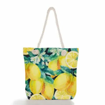 Lemon Print Beach Tote Bag Black