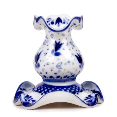 Openwork Small Candle Holder Blue and White Gzhel Porcelain