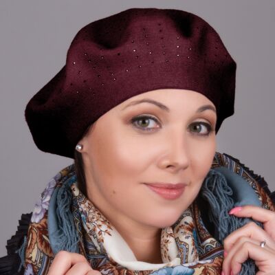 Burgundy Crystal-Embellished Knitted Beret
