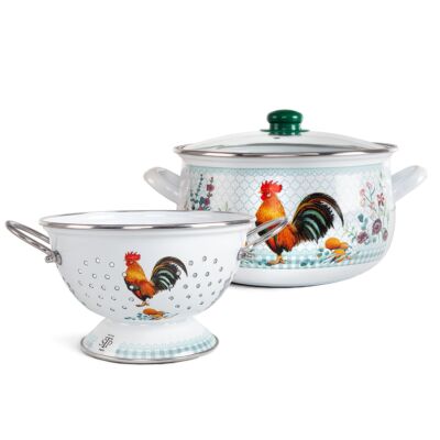 Golden Rooster Enamel Deep Stock Pot with Glass Lid and Colander Pasta Set