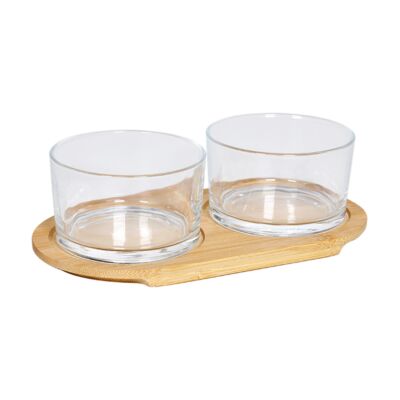 Glass Breakfast Set / Partitioned Serving Dish with Wooden Stand (2 sections)