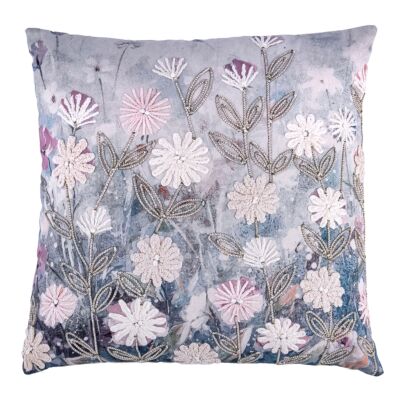 Purple Spring Florals Cotton Embroidered Throw Pillow 