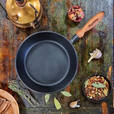 Classic Cast-Iron Frying Pan with Wooden Handle