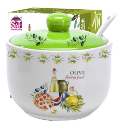 Italian Herbs Ceramic Sugar Bowl with Spoon