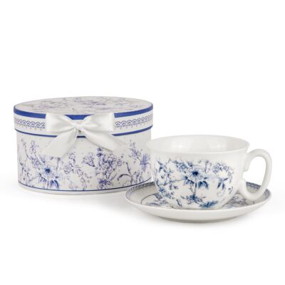 Vintage Blue Flowers New Bone China Cup and Saucer Set in Gift Box