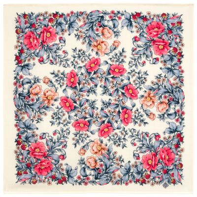 Blush Peony on White Pavlovo Posad Wool Shawl