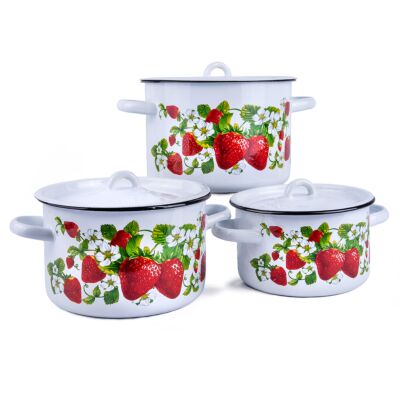 Enamel Stockpots Set (1.5L, 2.9L, 3.9L), Soup Pots for Cooking, Stock Pots  with Lid, Enamel Pots (Strawberry)