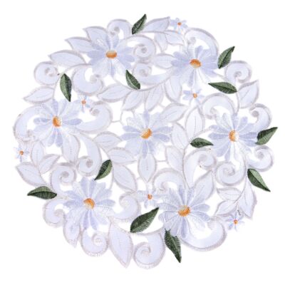 White Daisy With Green Leaves Embroidered Doily