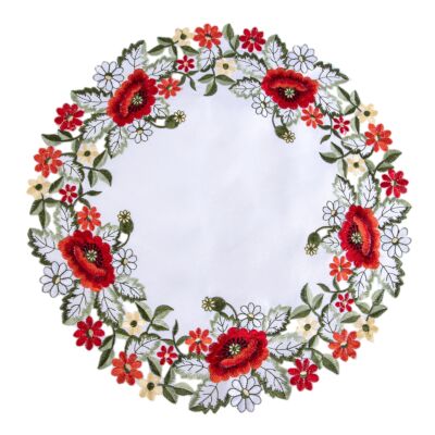 Red Poppy with Multi-Color Daisy Embroidered Doily