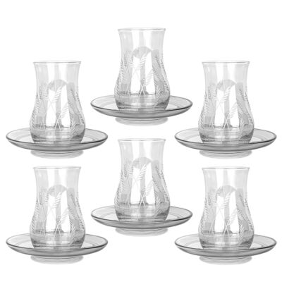 Diva Smoked Hand-Etched Traditional Tea Glasses with Saucers Set of 12 for 6 pers.
