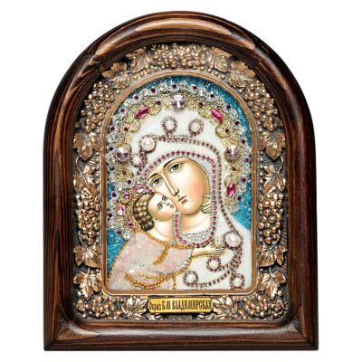 Our Lady of Vladimir Hand Beaded Icon Wood Frame Natural Stones