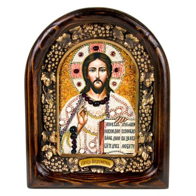 Christ Pantocrator Hand Beaded Icon Wood Frame Natural Stones