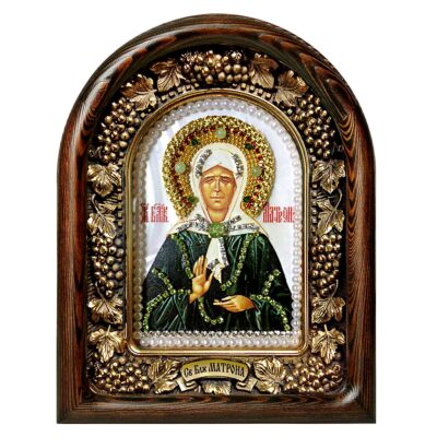 Saint Matrona Hand Beaded Icon Wood Natural Stones