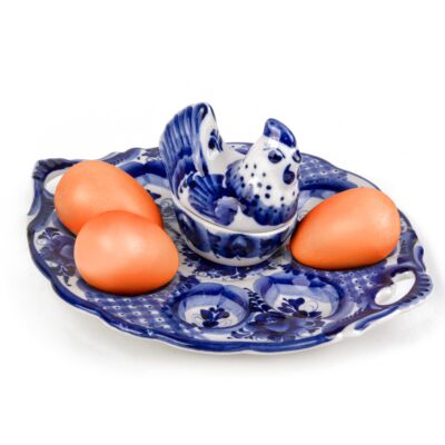 Egg Dish and Jar for Sauce Handmade Blue and White Porcelain
