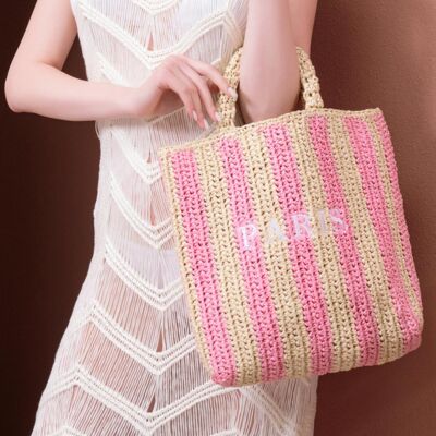 Weaved Wicker Bag With Pink Stripes 