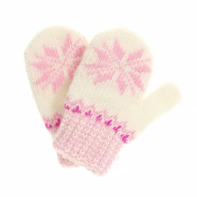 White and Light Pink Star Wool Kids&#039; Mittens in Size 11