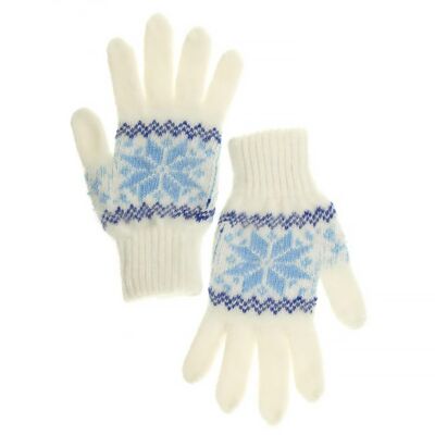 Light Blue and White Star Wool Women&#039;s Gloves in Size 17-18