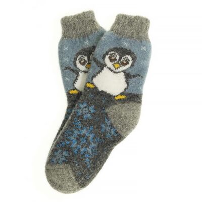 Penguin Children&#039;s Woolen Socks in Size 20-22 (color: gray, blue)