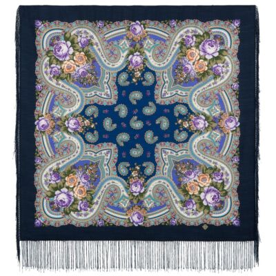 Deep Navy Purple Rose Pavlovo Posad Wool Shawl 