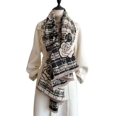 Black and White Patterned Classic Scarf with Roses
